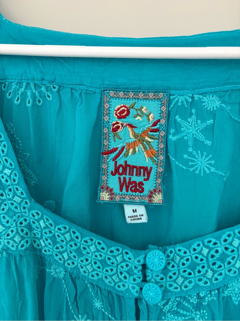 Johnny Was Teal Embroidered Button-Front Peasant Top Size M - Picture 5 of 5